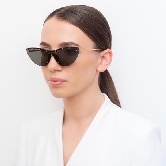 💯 - New - Gucci Grey | Gold Gg0666s Gg Logo Cat Eye Mirrored Sunglasses - Picture 6 of 14